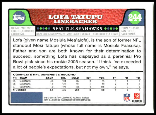 2008 Topps #244 Lofa Tatupu