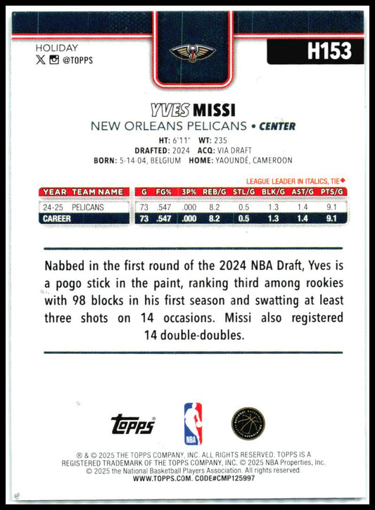 2025-26 Topps Holiday Glitter Holiday #H153 Yves Missi New Orleans Pelicans