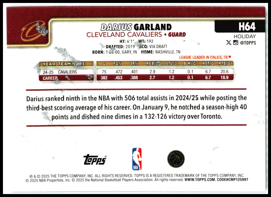 2025-26 Topps Holiday Glitter Holiday #H64 Darius Garland Cleveland Cavaliers