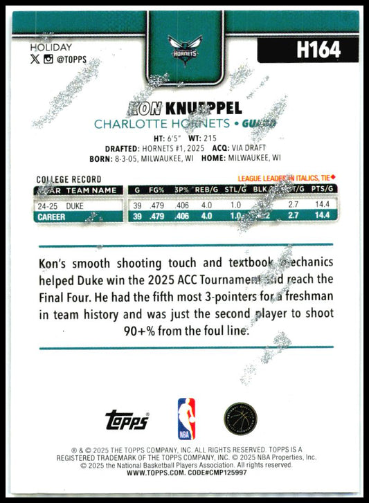 2025-26 Topps Holiday Glitter Holiday #H164 Kon Knueppel Rookie Charlotte