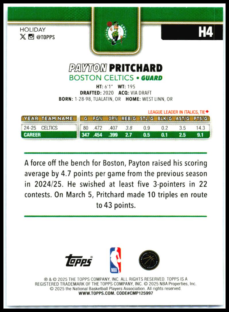 2025-26 Topps Holiday Light Blue Glitter Holiday #H4 Payton Pritchard Boston