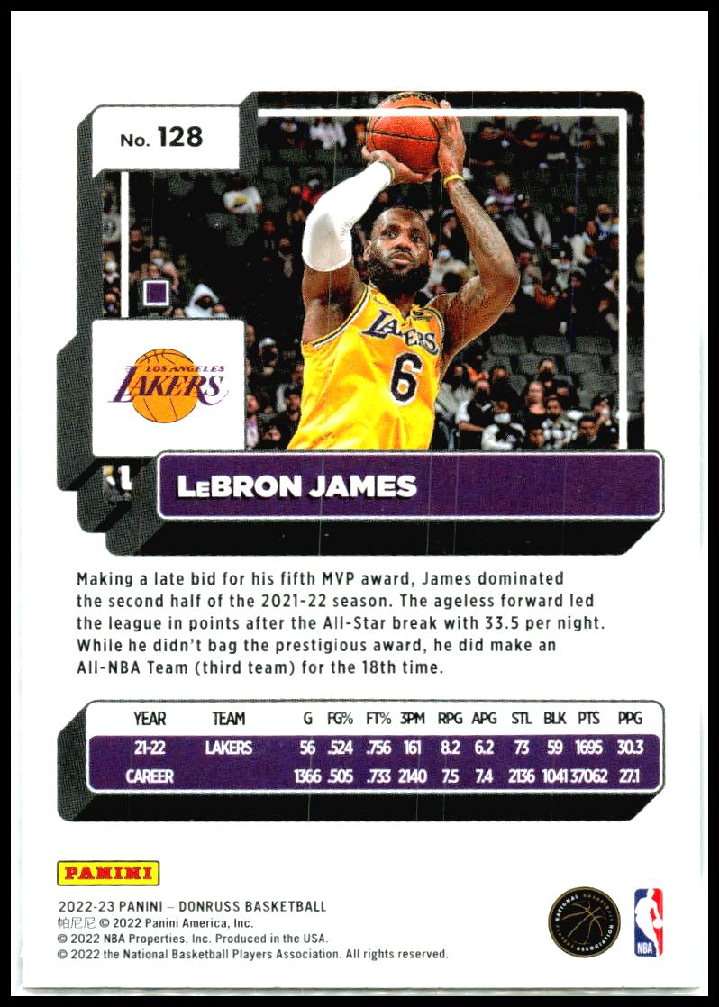 2022-23 Donruss Purple Press Proof #128 LeBron James #/199 Los Angeles Lakers