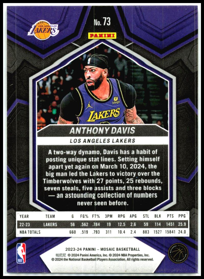 2023-24 Panini Mosaic #73 Anthony Davis Los Angeles Lakers