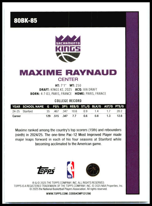 2025-26 Topps 1980-81 Topps Basketball #80BK-85 Maxime Raynaud Sacramento Kings