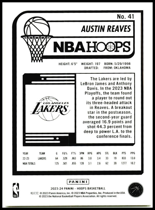 2023-24 Hoops Yellow #41 Austin Reaves Los Angeles Lakers