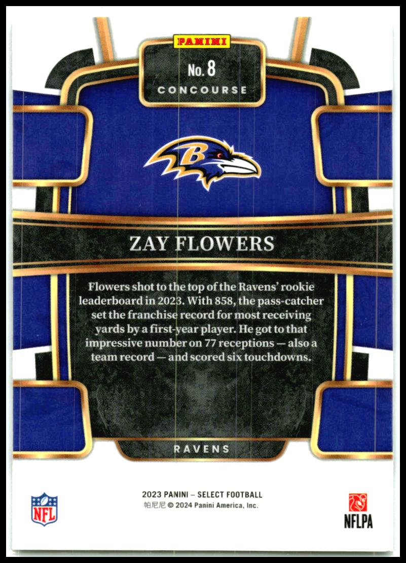 2023 Panini Select #8 Zay Flowers Rookie Baltimore Ravens