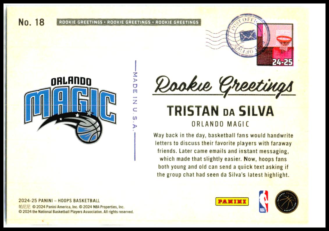 2024-25 Hoops Rookie Greetings #18 Tristan da Silva Orlando Magic