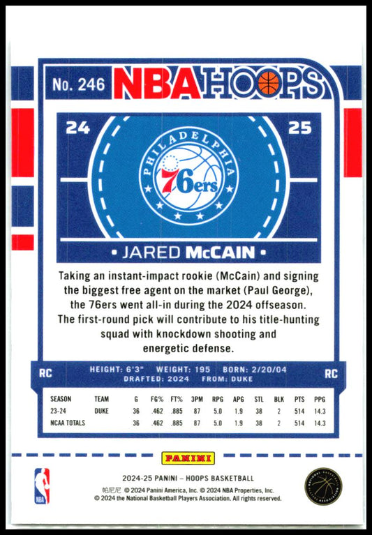 2024-25 Hoops #246 Jared McCain Rookie Philadelphia 76ers