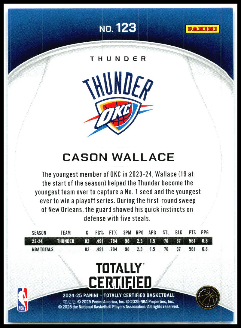 2024-25 Panini Totally Certified #123 Cason Wallace Oklahoma City Thunder