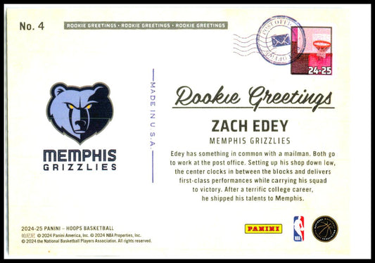 2024-25 Hoops Rookie Greetings #4 Zach Edey Memphis Grizzlies