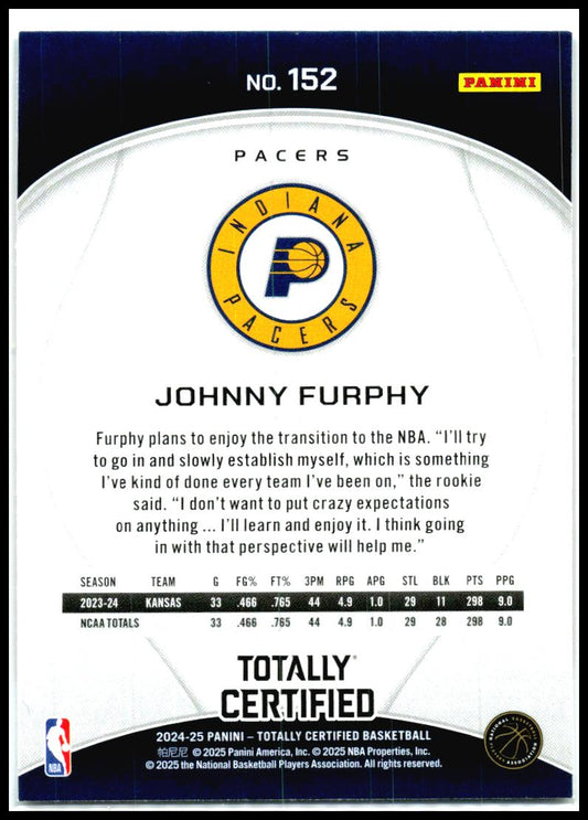 2024-25 Panini Totally Certified Mirror Maroon #152 Johnny Furphy Rookie Pacers