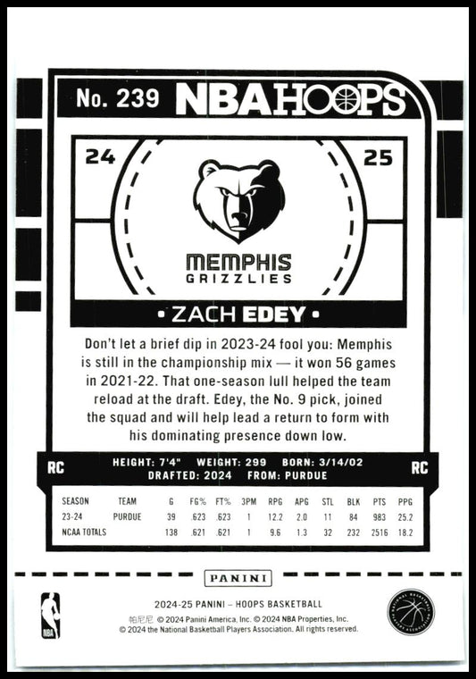 2024-25 Hoops #239 Zach Edey Rookie Memphis Grizzlies