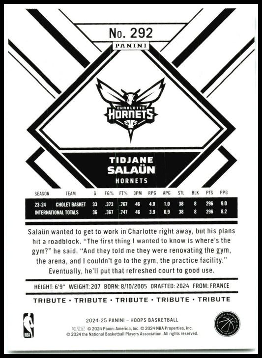 2024-25 Hoops #292 Tidjane Salaun Charlotte Hornets
