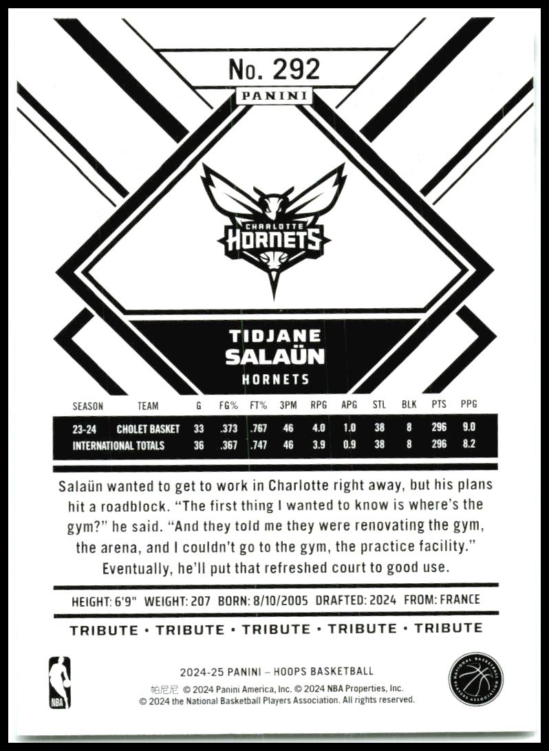 2024-25 Hoops #292 Tidjane Salaun Charlotte Hornets