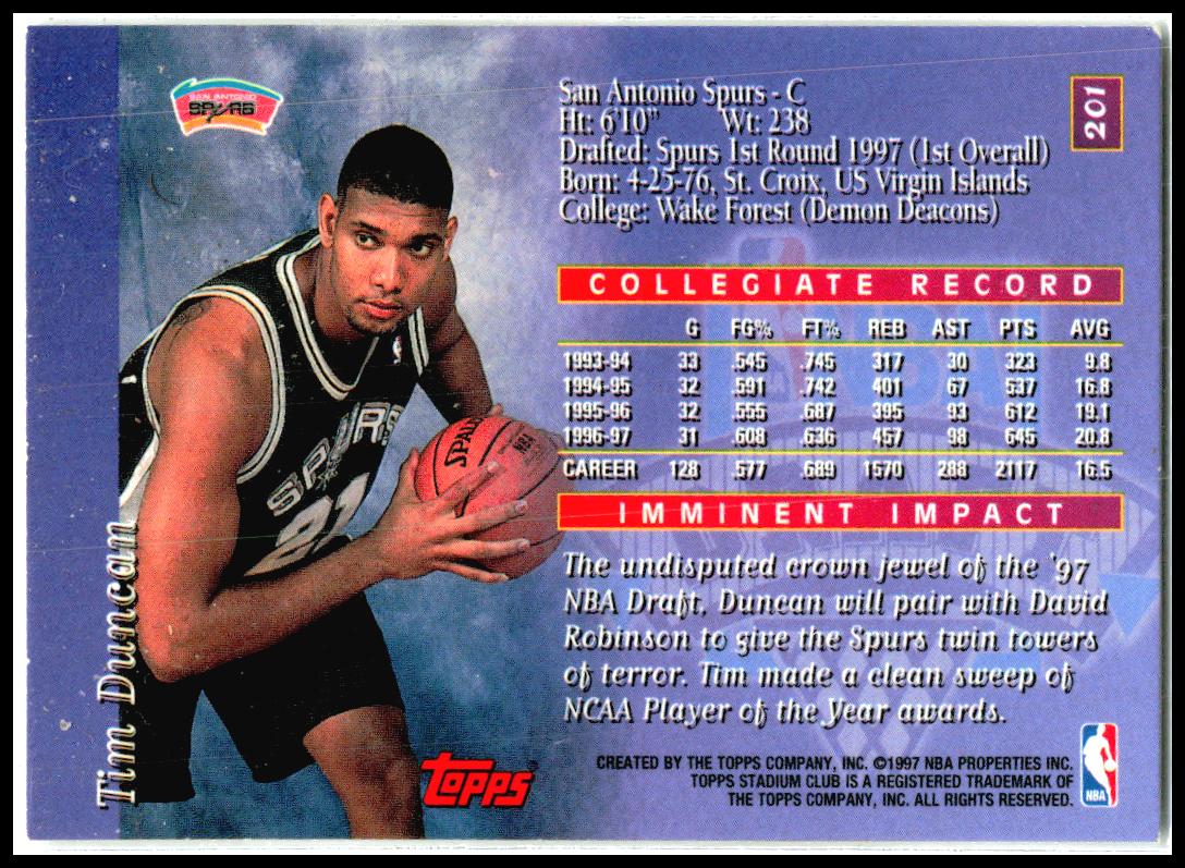 1997-98 Stadium Club #201 Tim Duncan Rookie San Antonio Spurs