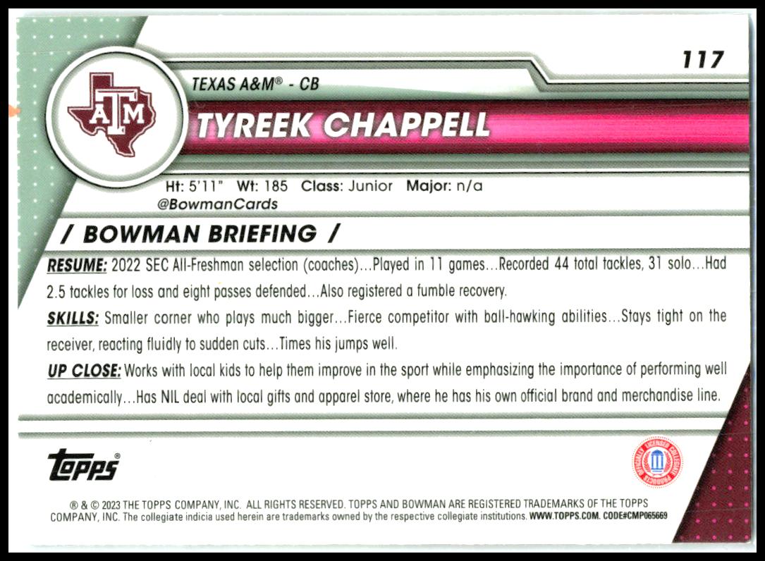 2023 Bowman University Chrome X-Fractor #117 Tyreek Chappell Texas A&M Aggies
