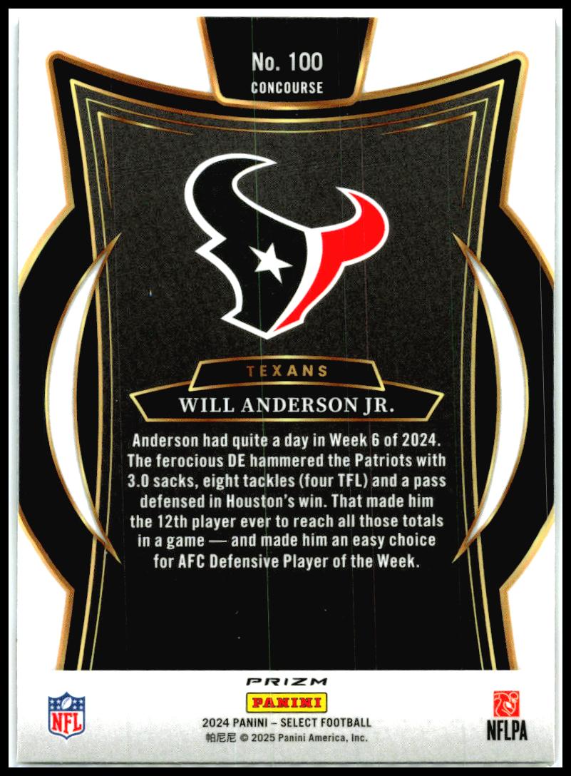 2024 Panini Select Black & Blue Prizm Shock #100 Will Anderson Jr. Houston