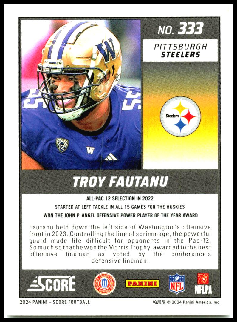 2024 Score #333 Troy Fautanu Rookie Pittsburgh Steelers