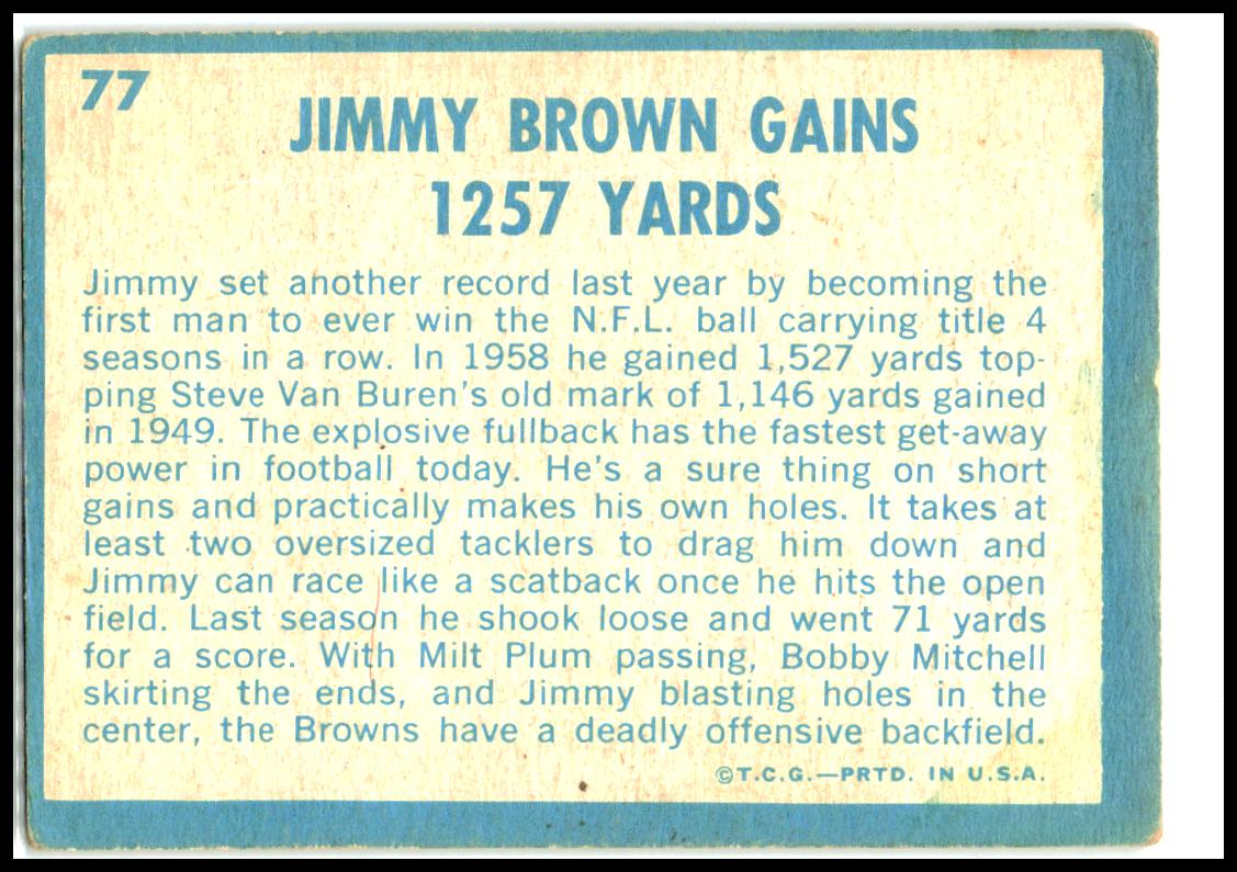 1961 Topps #77 Jimmy Brown Gains 1257 Yards Cleveland Browns