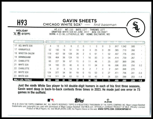 2024 Topps Holiday Holiday Tree Blue Metallic #H93 Gavin Sheets White Sox