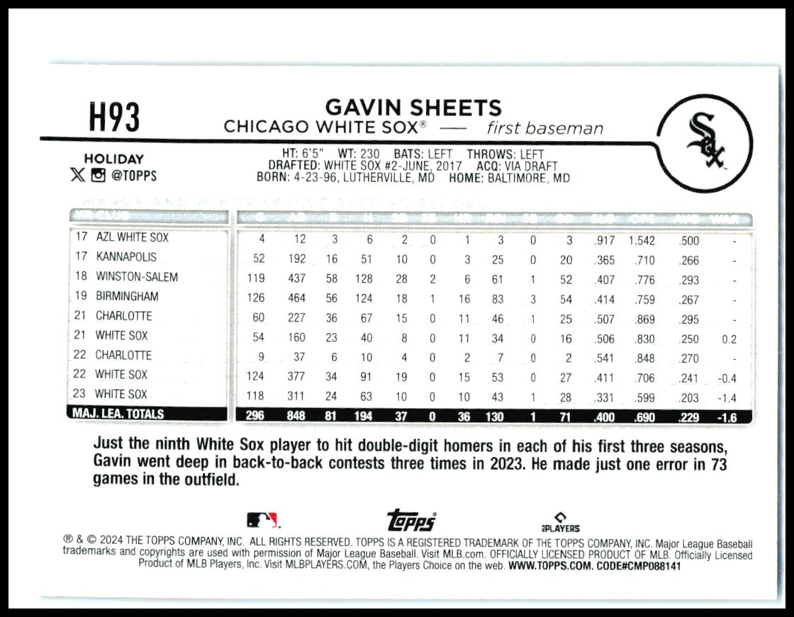 2024 Topps Holiday Holiday Tree Blue Metallic #H93 Gavin Sheets White Sox