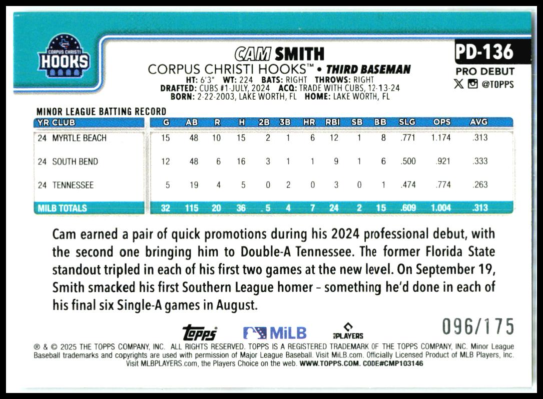 2025 Topps Pro Debut Sparkle Foil #PD-136 Cam Smith #/175 Corpus Christi Hooks