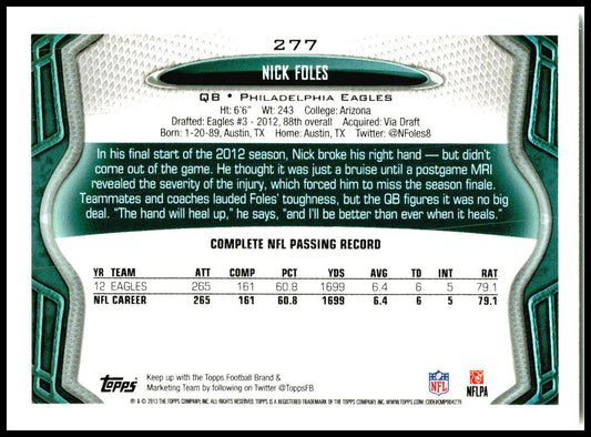 2013 Topps #277 Nick Foles Philadelphia Eagles