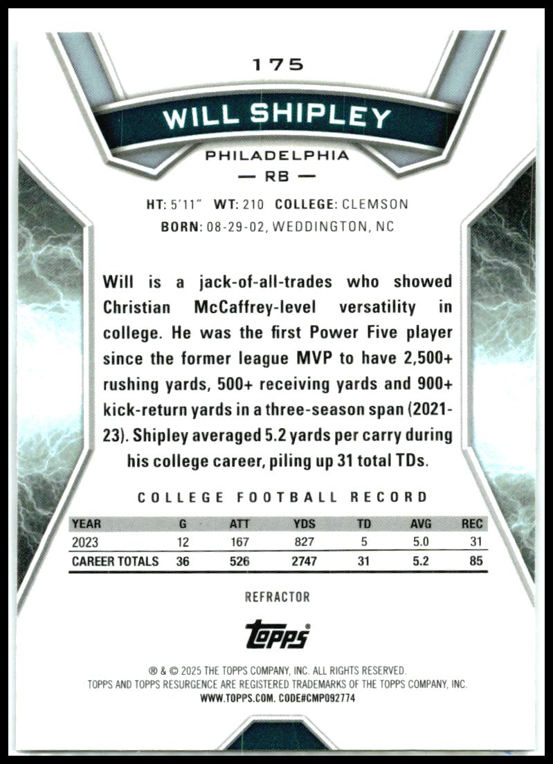 2024 Topps Resurgence Refractor #175 Will Shipley Rookie Philadelphia Eagles