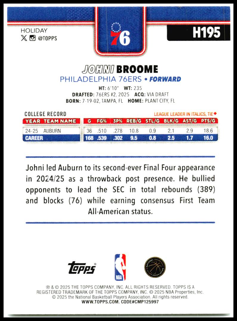 2025-26 Topps Holiday #H195 Johni Broome Rookie Philadelphia 76ers