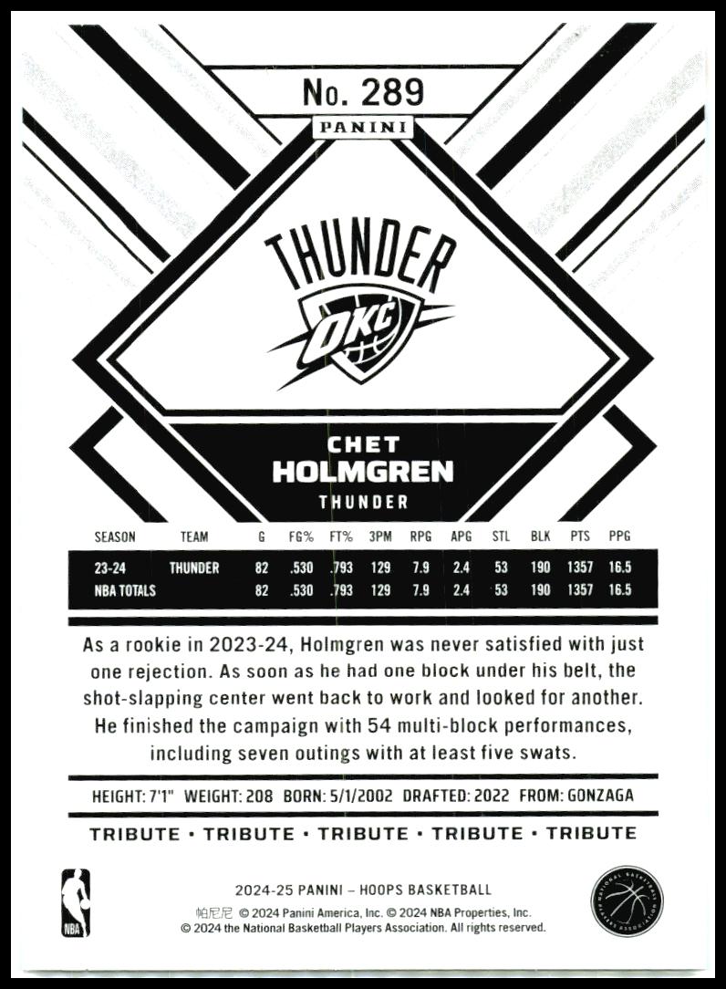 2024-25 Hoops Winter #289 Chet Holmgren Oklahoma City Thunder