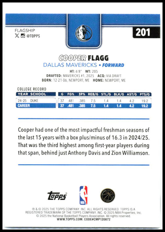 2025-26 Topps #201 Cooper Flagg Rookie Dallas Mavericks