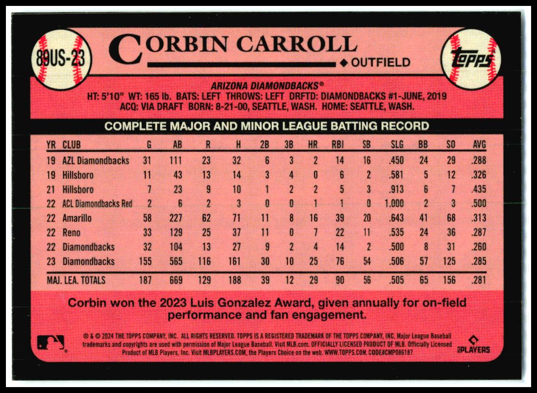 2024 Topps 1989 Topps Baseball 35th Anniversary #89US-23 Corbin Carroll Arizona