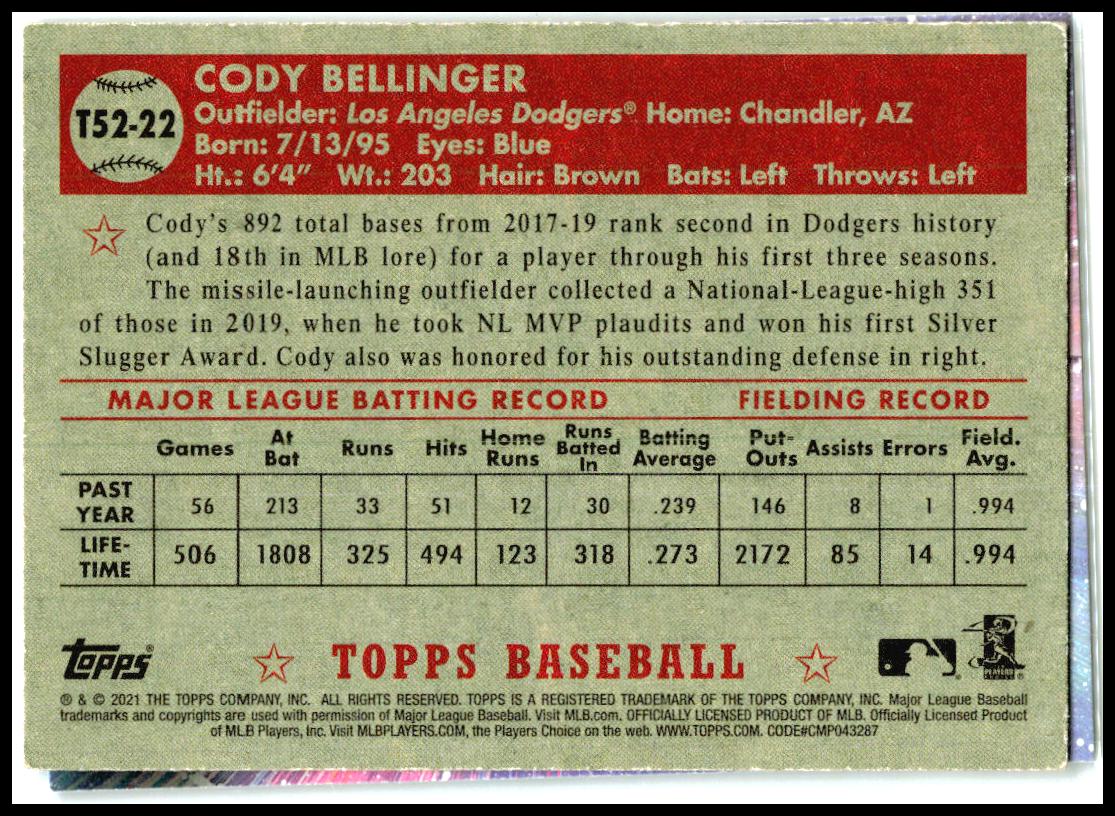 2021 Topps 1952 Topps Redux #T52-22 Cody Bellinger Los Angeles Dodgers