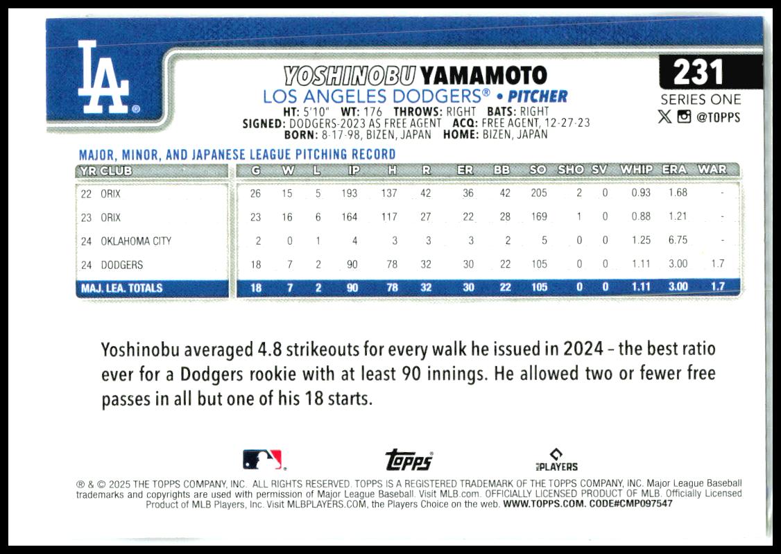 2025 Topps Rainbow Foil #231 Yoshinobu Yamamoto Los Angeles Dodgers