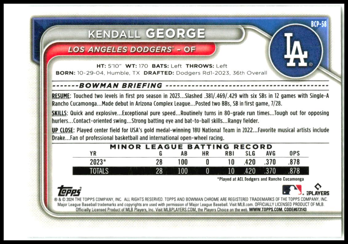 2024 Bowman Chrome Prospects #BCP-58 Kendall George Los Angeles Dodgers