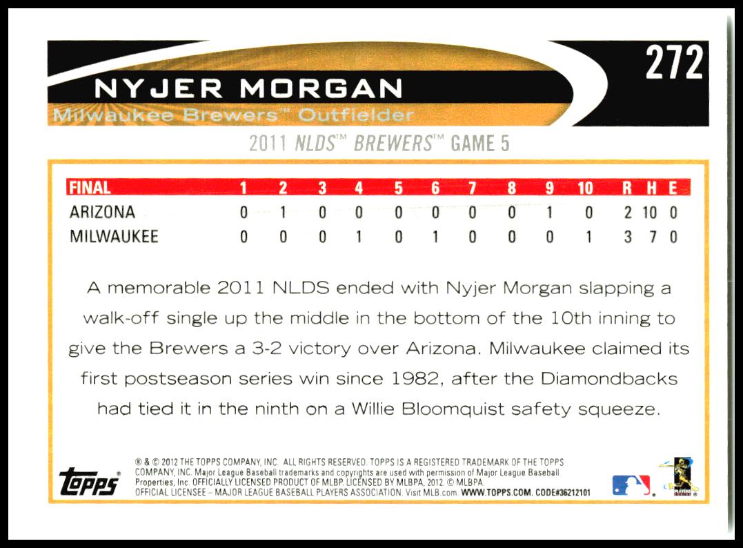 2012 Topps Blue #272 Nyjer Morgan Milwaukee Brewers