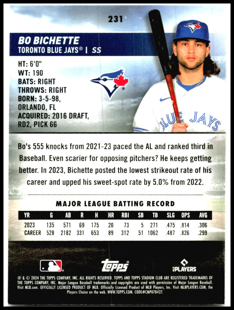 2024 Stadium Club #231 Bo Bichette Toronto Blue Jays