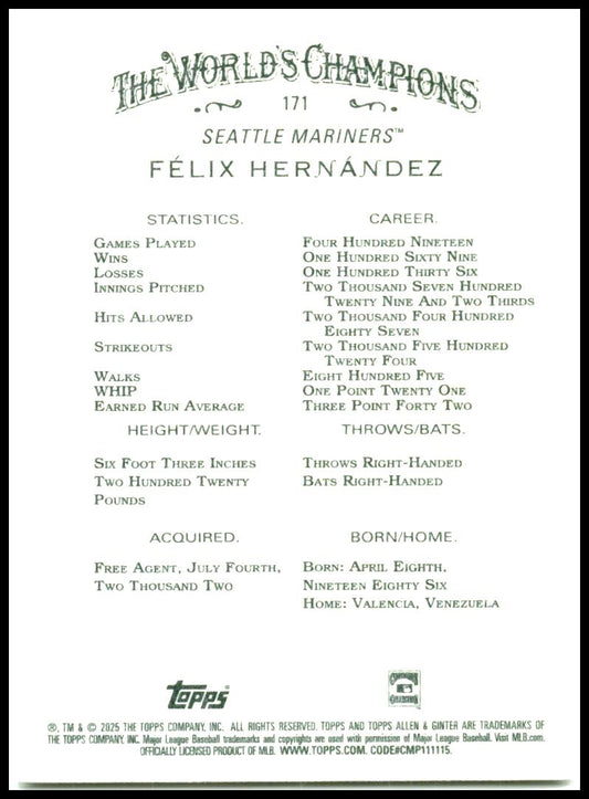 2025 Topps Allen & Ginter #171 Félix Hernández Mariners