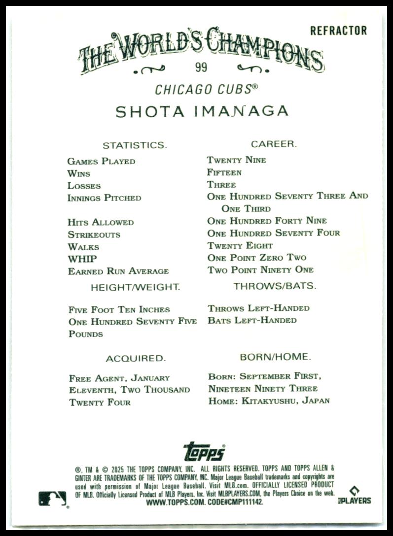 2025 Topps Allen & Ginter Refractor #99 Shota Imanaga
