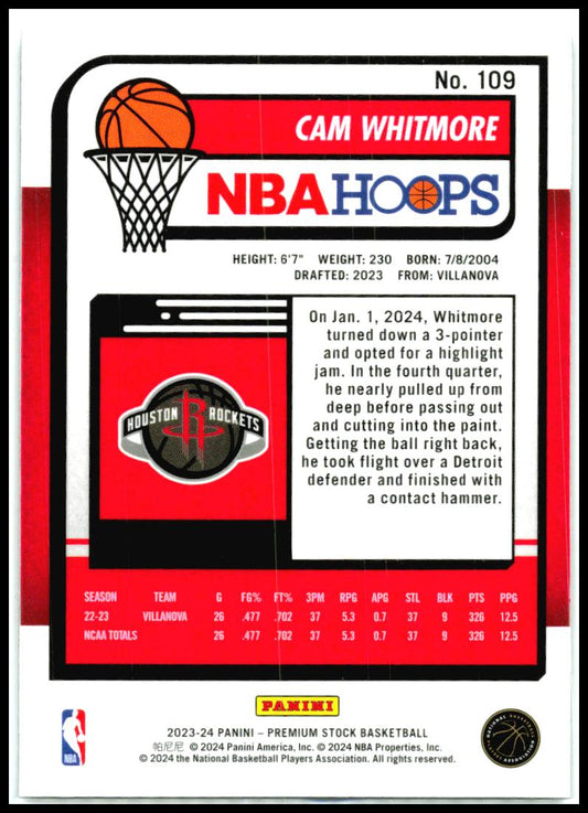 2023-24 Hoops Premium Stock #109 Cam Whitmore Houston Rockets