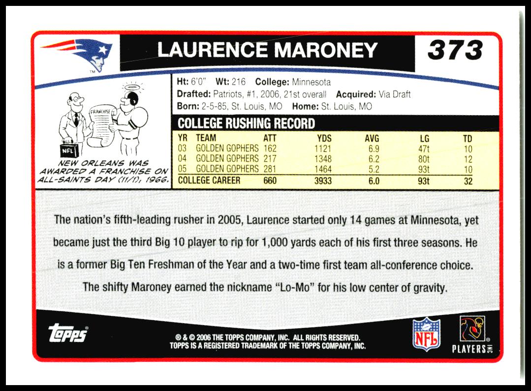 2006 Topps #373 Laurence Maroney Rookie New England Patriots