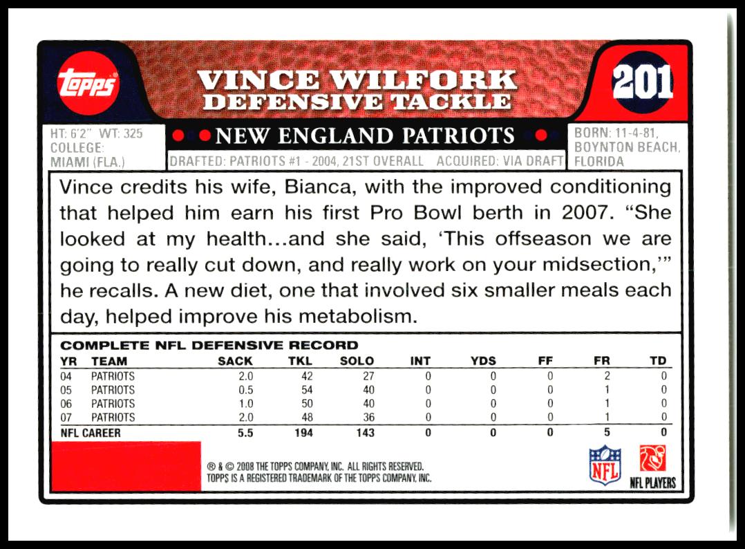2008 Topps #201 Vince Wilfork New England Patriots