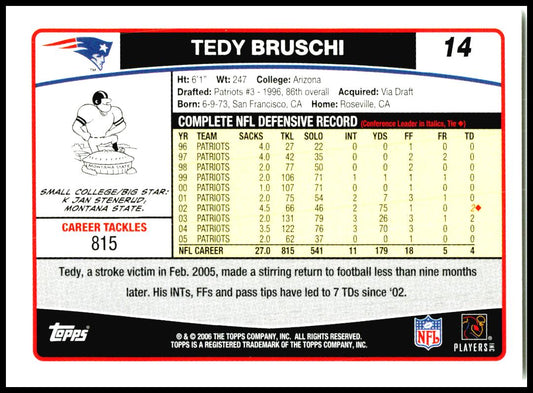 2006 Topps #14 Tedy Bruschi New England Patriots