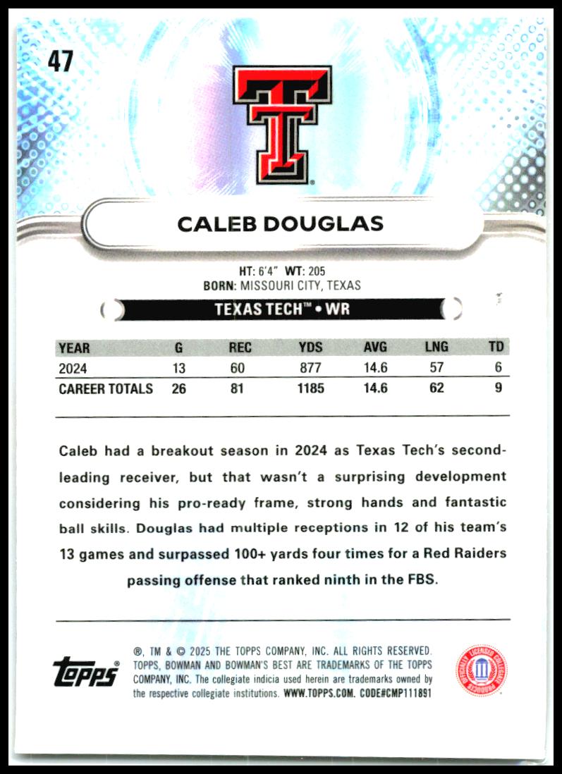 2025 Bowman University Best #47 Caleb Douglas Texas Tech Red Raiders