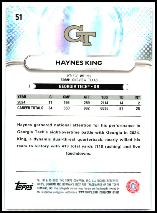 2025 Bowman University Best #51 Haynes King Georgia Tech Yellow Jackets