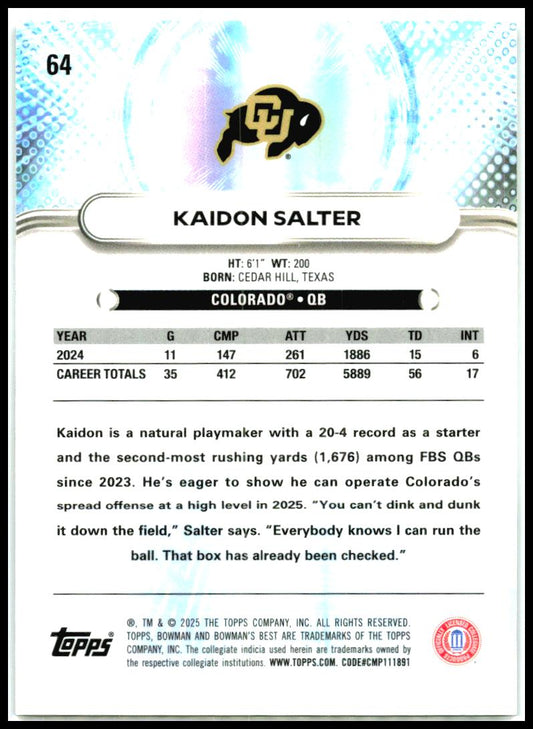 2025 Bowman University Best #64 Kaidon Salter Colorado Buffaloes
