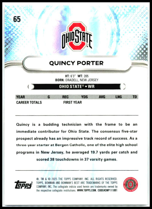 2025 Bowman University Best Shimmer #65 Quincy Porter Ohio State Buckeyes