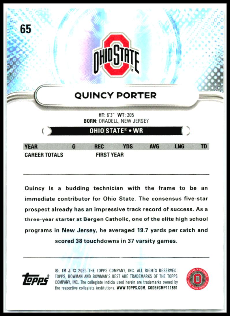 2025 Bowman University Best Shimmer #65 Quincy Porter Ohio State Buckeyes