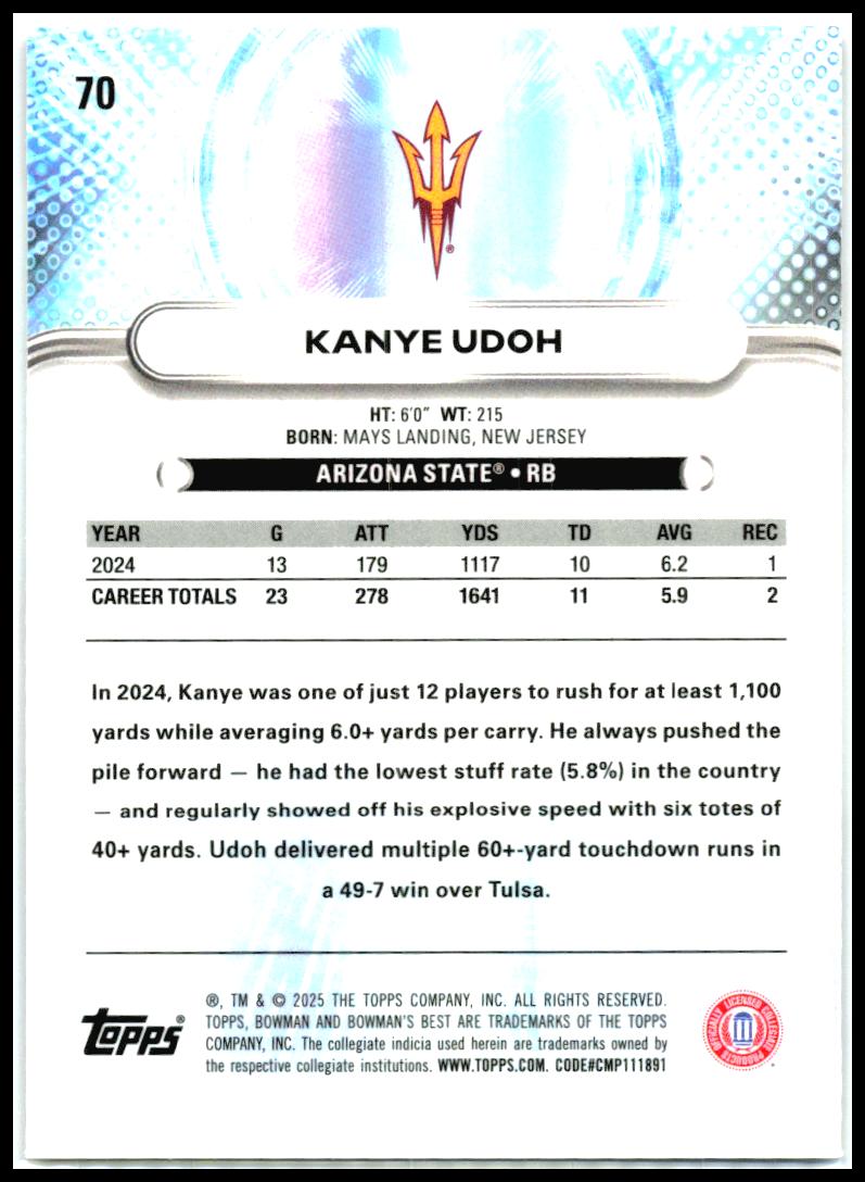 2025 Bowman University Best #70 Kanye Udoh Arizona State Sun Devils