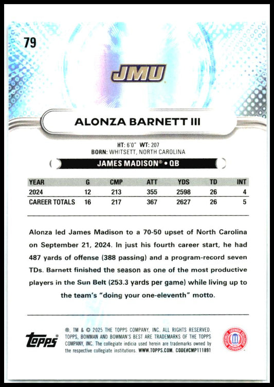 2025 Bowman University Best #79 Alonza Barnett III James Madison Dukes